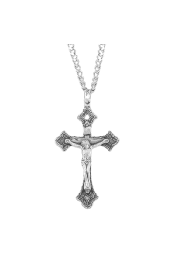 Sterling Silver Detailed Rosary Crucifix with 24" Rhodium Plated Stainless Steel Chain Necklace, Made in USA- Deluxe Velvet Gift Box Included