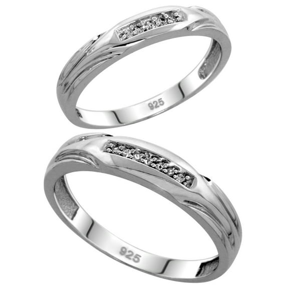 Sterling Silver Diamond 2 Piece Wedding Ring Set His 4.5mm & Hers 3.5mm Rhodium finish, Ladies Size 9.5