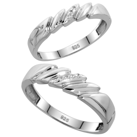 Sterling Silver Diamond 2 Piece Wedding Ring Set His 5mm & Hers 4mm Rhodium finish, Ladies Size 5.5