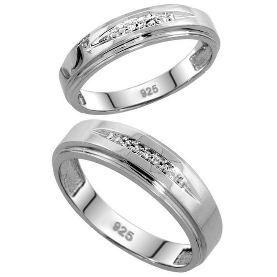 Sterling Silver Diamond 2 Piece Wedding Ring Set His 6mm & Hers 5mm Rhodium finish, Ladies Size 5