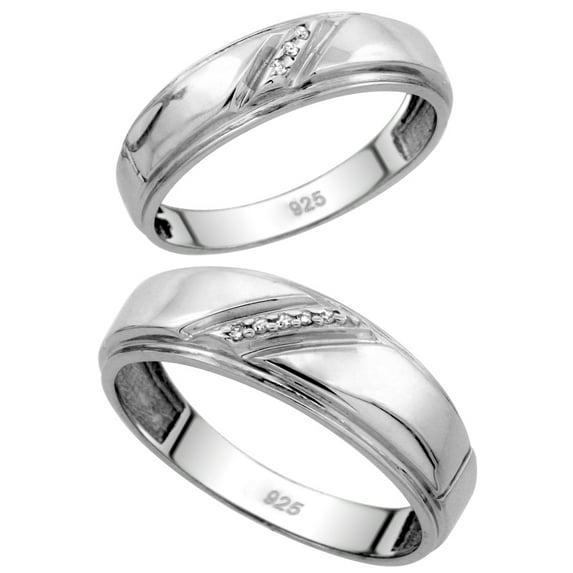 Sterling Silver Diamond 2 Piece Wedding Ring Set His 7mm & Hers 5.5mm Rhodium finish, Ladies Size 6.5