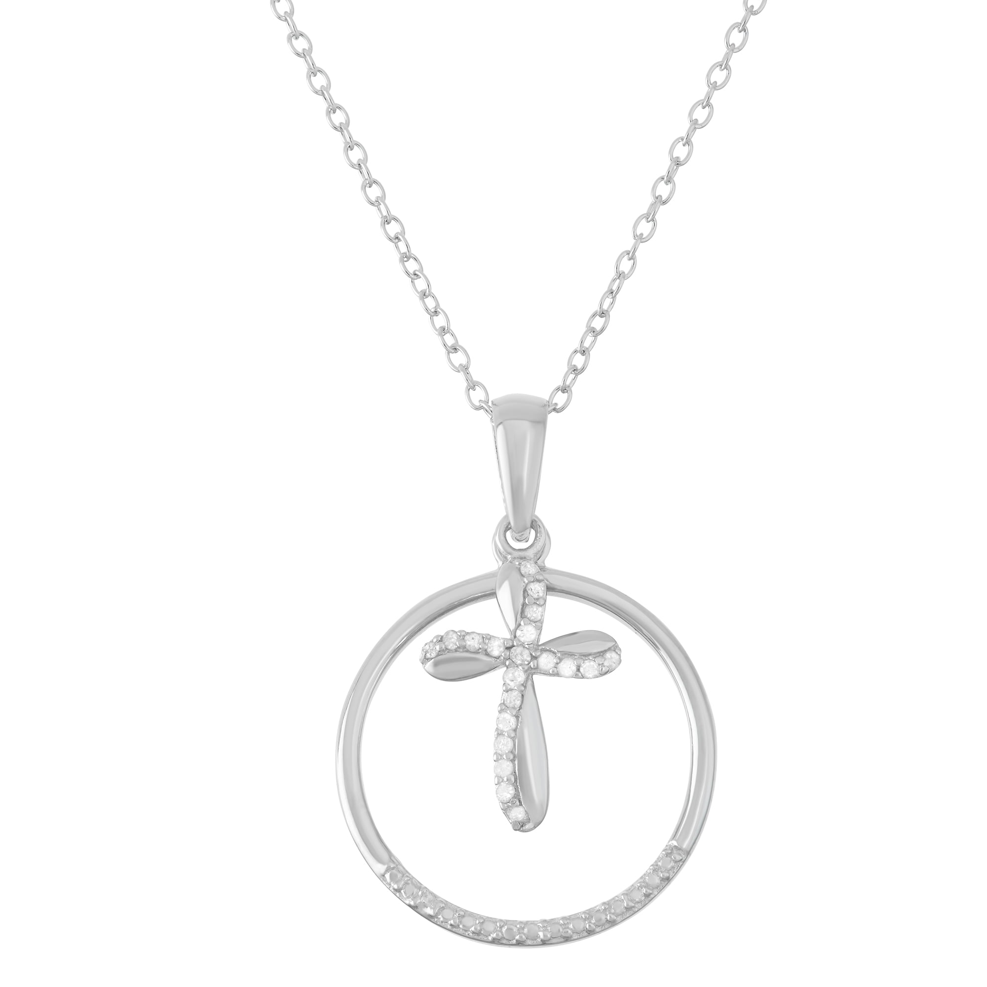 Sterling Silver Diamond Accent Circle Cross Necklace 19 Inch