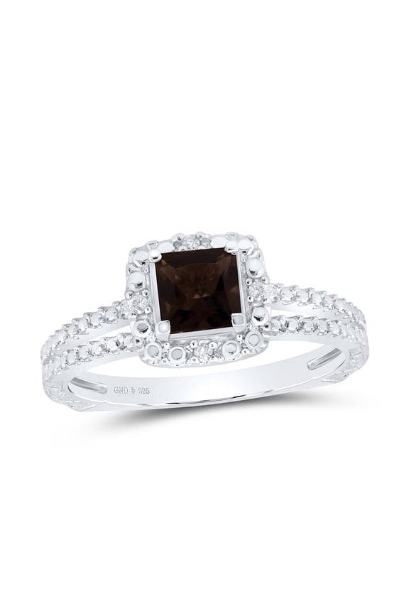 Sterling Silver Diamond & Created Smoky Quartz Solitaire Engagement Ring 3/4 TCW