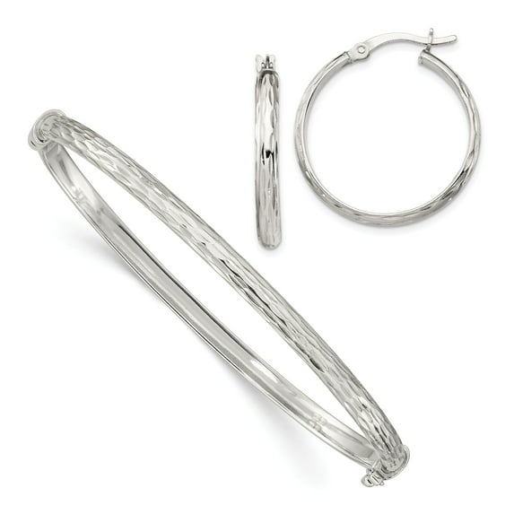 Sterling Silver Diamond Cut Bangle 4mm & Hoop 3mm Earring Set