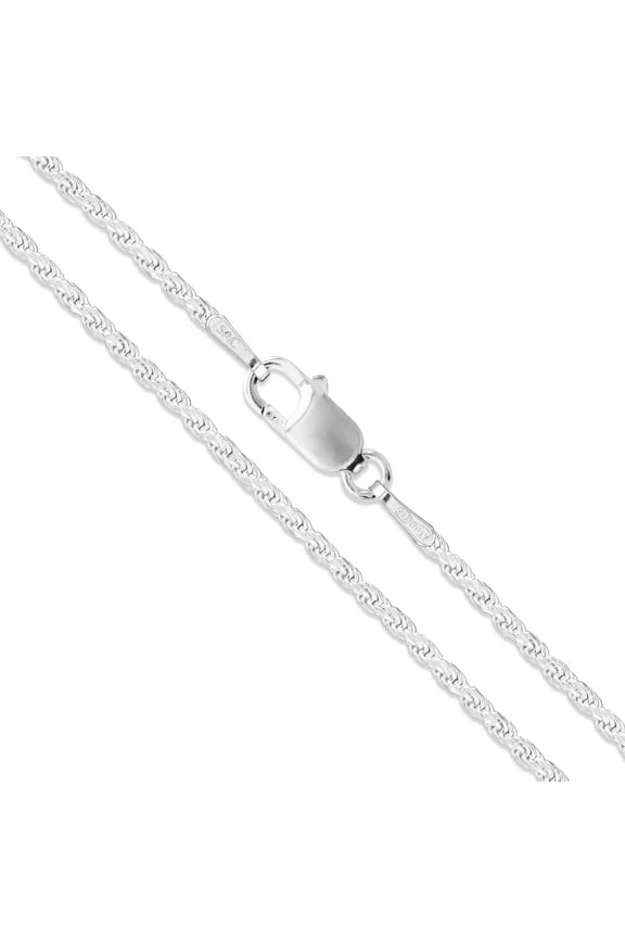 Rhodium Plated Sterling Silver Diamond-Cut Rope Chain 1.7mm Solid 925 Italy Necklace 16" Jewelry Female
