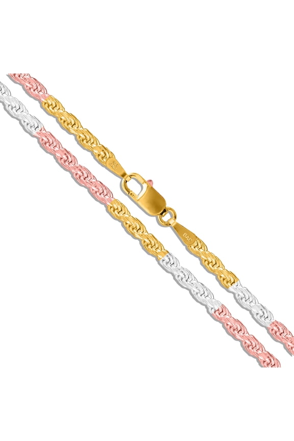 Sterling Silver Diamond-Cut Tri-Color Rope Chain 1.7mm 925 Gold Plated Necklace 20" Jewelry Female