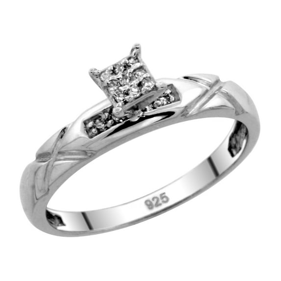 Sterling Silver Diamond Engagement Ring Rhodium finish, 1/8 inch wide, Size 7