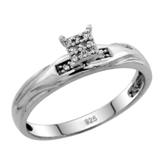 Sterling Silver Diamond Engagement Ring Rhodium finish, 1/8inch wide, Size 8