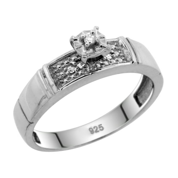 Sterling Silver Diamond Engagement Ring, w/ 0.07 Carat Brilliant Cut Diamonds, 3/16 in. (4.5mm) wide, Size 5