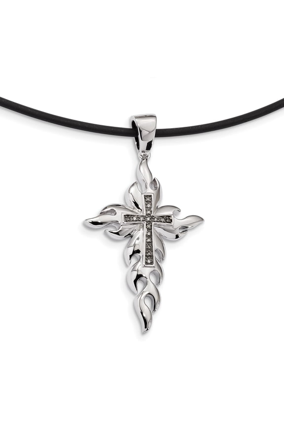 Sterling Silver Diamond Flaming Black Rhodium-plated Cross Pendant