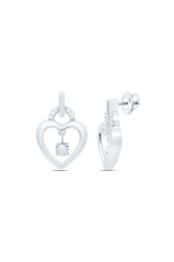 Sterling Silver Diamond Floating Circle Padlock Heart Dangler Earrings 1/12 CT
