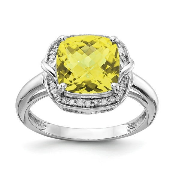 Sterling Silver Rhodium Diam. & Checker-Cut Lemon Quartz Ring QR3039LQ
