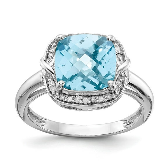 Sterling Silver Rhodium Diam. & Checker-Cut Sky Blue Topaz Ring QR3039LSBT