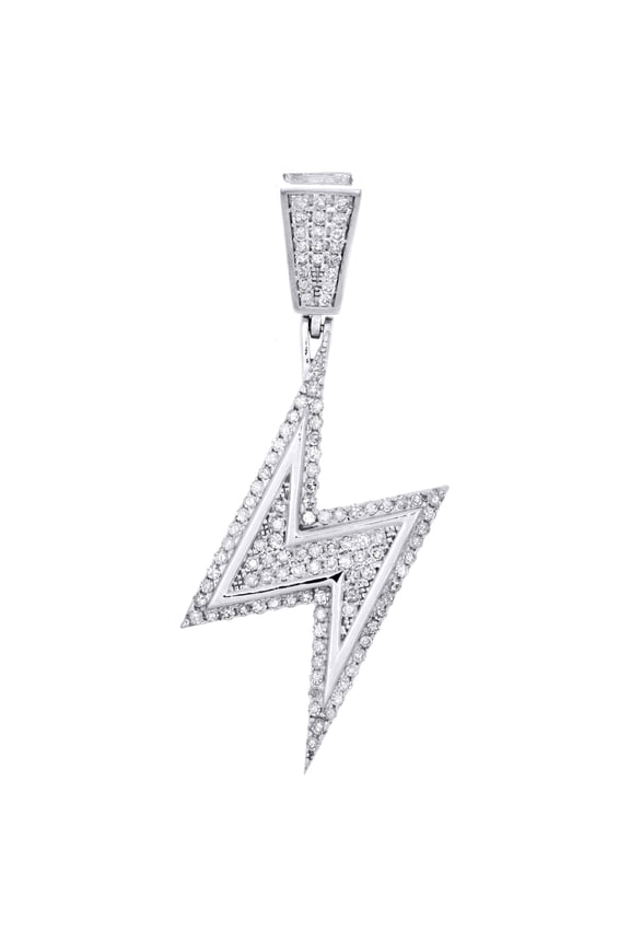 Sterling Silver & Diamond Lightning Bolt Symbol Pendant 1.3" Unisex Charm 1/2 CT