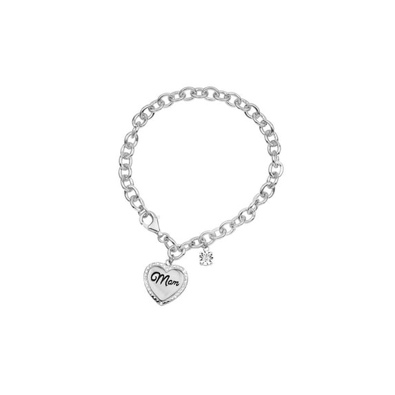 Sterling Silver Diamond MOM Heart Charm Bracelet 7.25 Inch