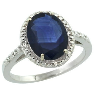 Sterling Silver Diamond Natural Blue Sapphire Ring Oval 10x8mm, 1/2 inch wide, size 6