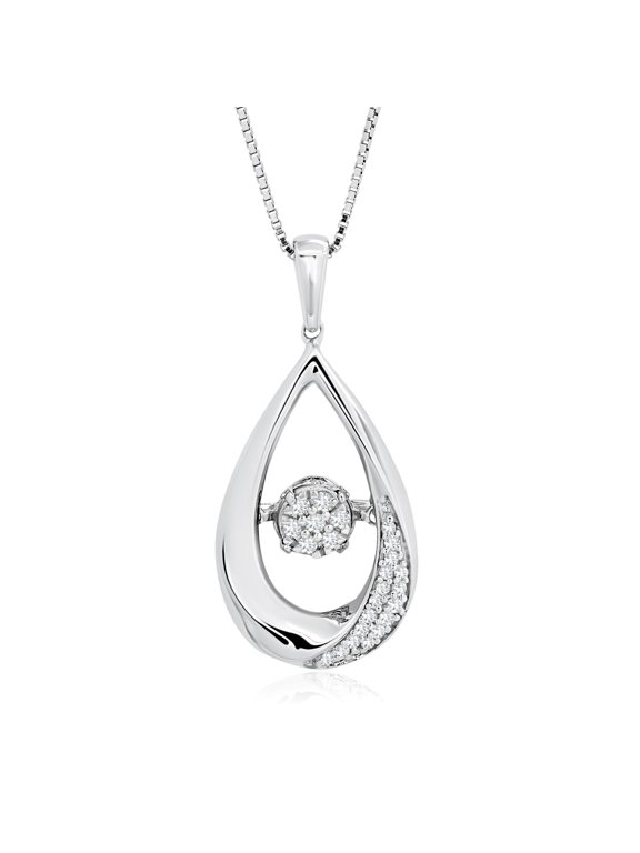 Sterling Silver Diamond Necklace for Women | Dancing Diamond Pendant Necklace with 18 Inch Rope Chain | 0.10 Carat Real Diamond Necklace | “Drops of Love” Dainty Silver Drop Necklace by MAX + STONE