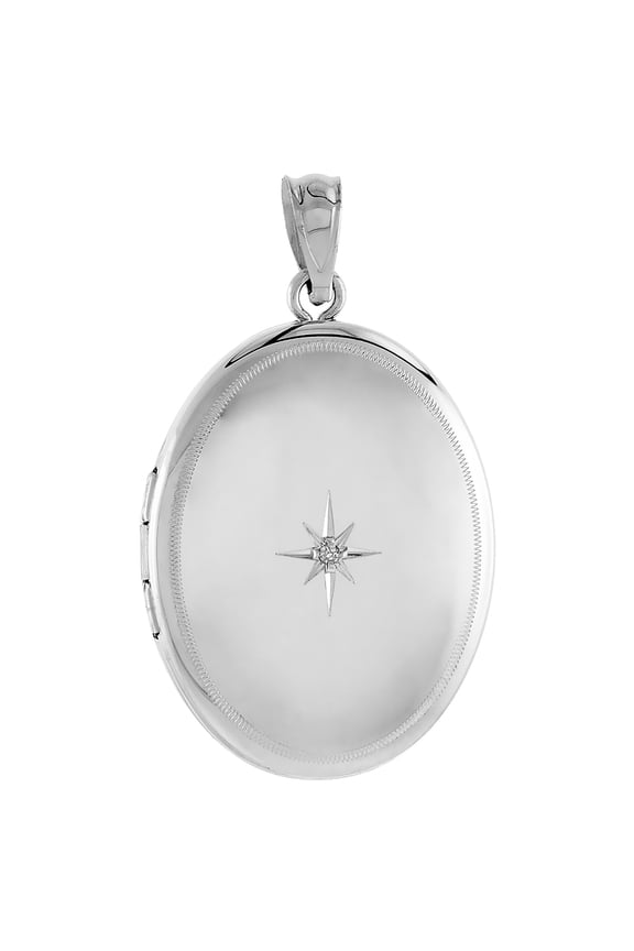 Sterling Silver Diamond Oval Locket Pendant for Women Starburst Set Etched Border 1 1/32 inch NO CHAIN