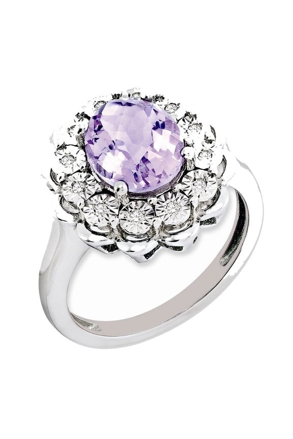 Sterling Silver Diamond & Oval Pink Quartz Ring