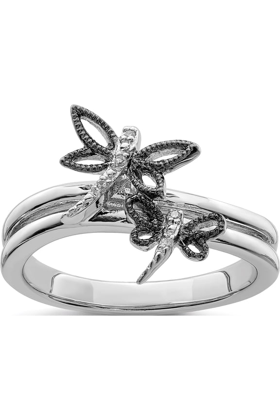 Sterling Silver Diamond Rhodium-Plated Dragonfly Ring (Size 6) Made In India qr5758-6