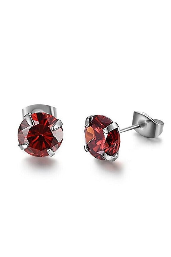 Sterling Silver Diamond Simulated Stud Earrings (Red)