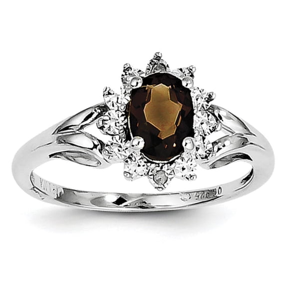 925 Sterling Silver Diamond and Smoky Quartz Ring Size 9 2mm Wide Ring for Women - .010 dwt .73 cwt