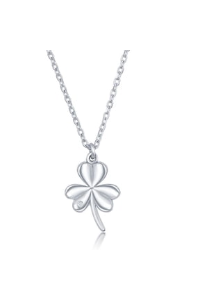 Sterling Silver Diamond Three Leaf Shamrock Clover Necklace