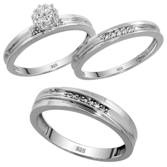 Sterling Silver Diamond Trio Wedding Ring Set His 5mm & Hers 3mm Rhodium finish, Ladies Size 9
