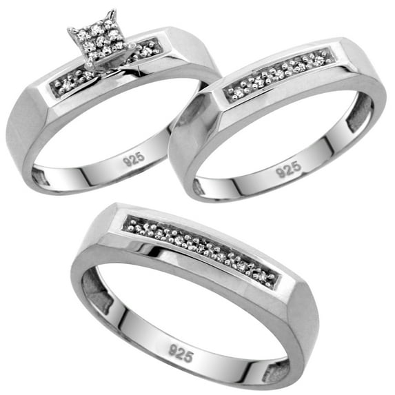 Sterling Silver Diamond Trio Wedding Ring Set His 5mm & Hers 4.5mm Rhodium finish, Ladies Size 6.5