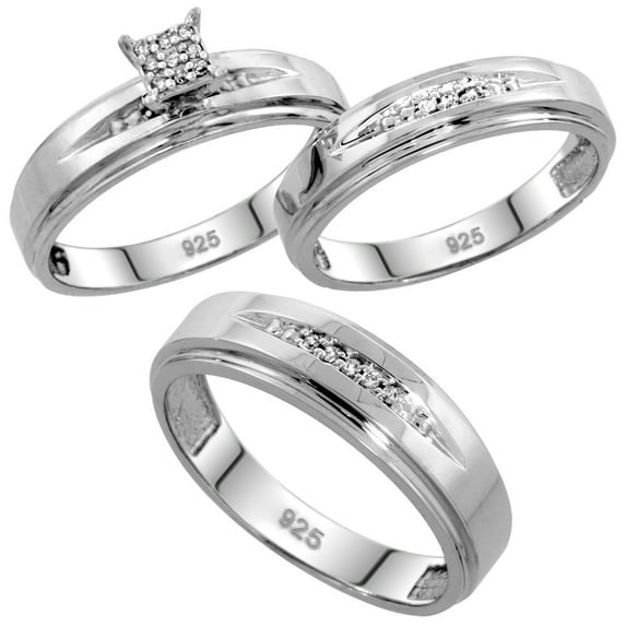 Sterling Silver Diamond Trio Wedding Ring Set His 6mm & Hers 5mm Rhodium finish, Ladies Size 8