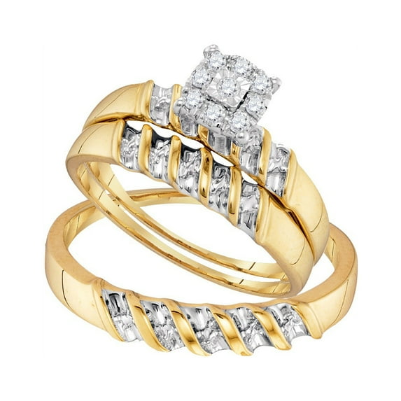 Sterling Silver Diamond Yellow-tone His & Hers Matching Trio Wedding Engagement Ring Set 1/7 Ctw