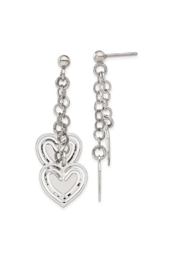Sterling Silver Diamond-cut Double Heart Post Dangle Earrings