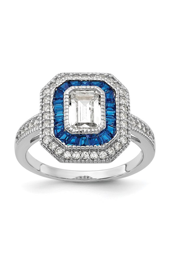 Sterling Silver Diamonique and Simulated Sapphire Deco Ring-6