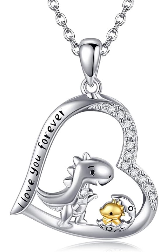 Sterling Silver Dinosaur Necklace for Women Heart-Shaped Cartoon Dinosaur Pendant Jewelry Gift For Women Female