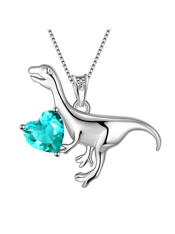 925 Sterling Silver Dinosaur Pendant Necklace Animal Velociraptor Blue Crystal Jewelry Women Christmas Birthday Gifts for Daughter/Son/Dinosaur Lover