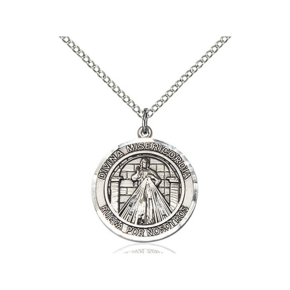 Sterling Silver Divina Misericordia Pendant 3/4 x 5/8 inches with 18 inch Sterling Silver Curb Chain