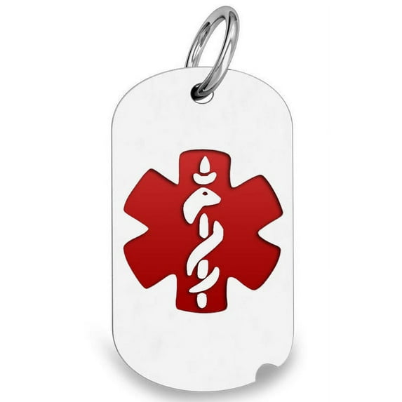 Sterling Silver Dog Tag ID Charm or Pendant W/ Red Enamel - 1 Inch X 1-3/4 Inch