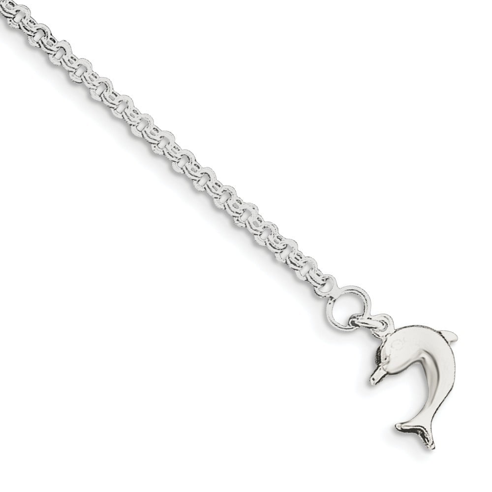 Sterling Silver Dolphin Anklet - 4.2 Grams - 9 Inch - Spring Ring - Measures 13mm Wide