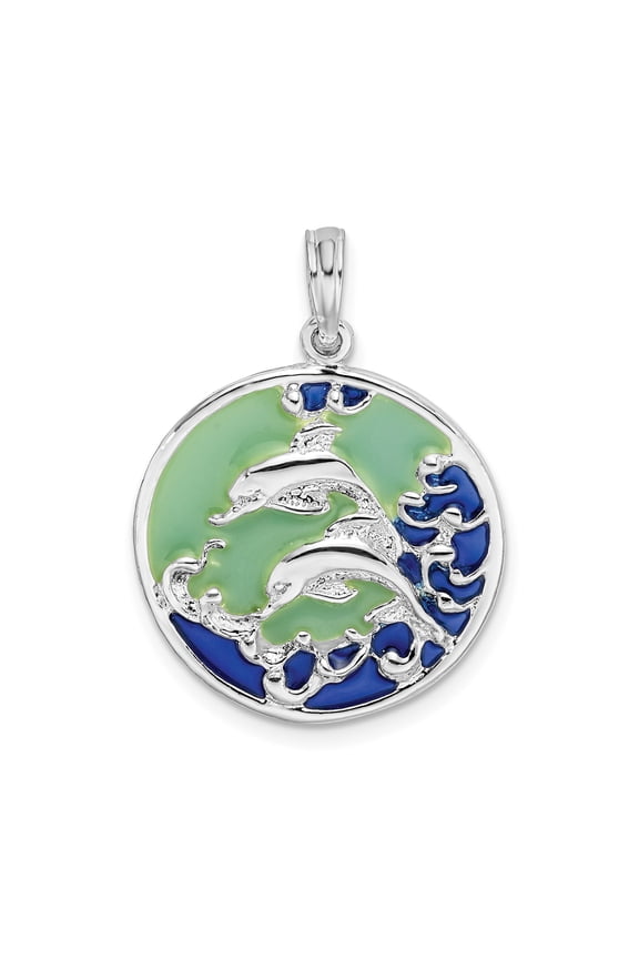 Sterling Silver Dolphin Pendant Necklace for Women with Blue and Green Enamel, Three Leaping Dolphins in Ocean Waves, Nautical Sea Life Jewelry, Marine Animal Symbolic Accessory