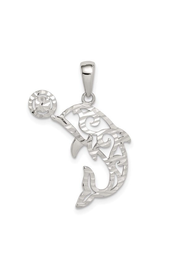 Sterling Silver Dolphin Pendant with Swirl Cut-Out Design and Ball Detail, Nautical Ocean Necklace for Women or Unisex Sea Life and Beach Inspired Jewelry Collection