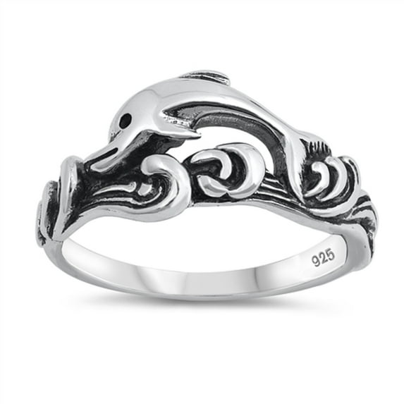Sterling Silver Dolphin Riding wave Ring Size 6