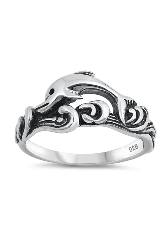 Sterling Silver Dolphin Riding wave Ring Size 8