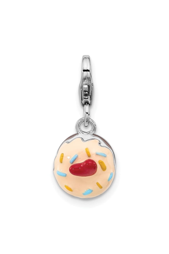 Sterling Silver Donut Charm with Enamel Icing, Red Heart, Colorful Sprinkles, Dessert Jewelry for Women or Teens, Fun Food-Themed Bead for Bracelet, Playful Style Compatible with Major Brands