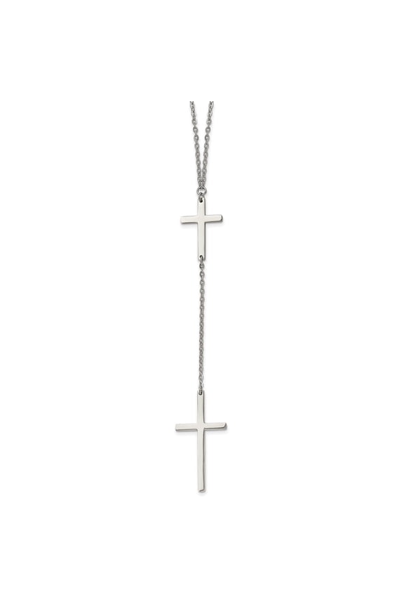 Stainless Steel Double Cross Pendant Necklace, 30 Inch Polished Christian Religious