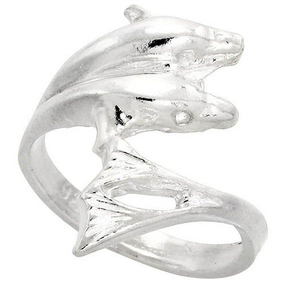 Sterling Silver Double Dolphin Ring Polished finish 11/16 inch wide, size 6