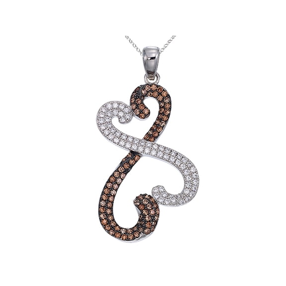 Sterling Silver Double Heart Pendant Necklace with Micropave Chocolate and White CZ Chain Included