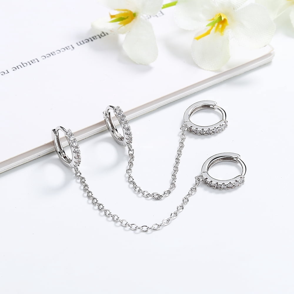 Sterling Silver Double Huggie Dainty Hoop Chain Earring with Crystals