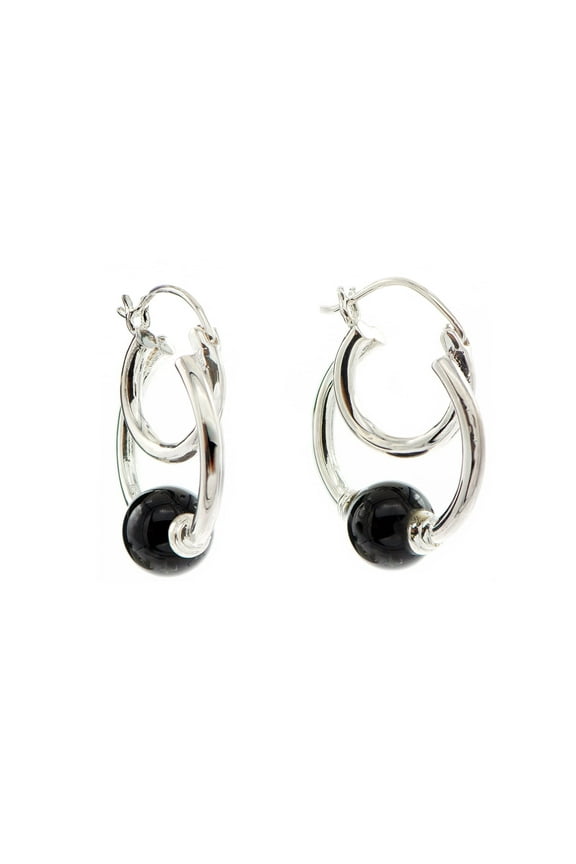 Sterling Silver Double Intertwined Hoop Earrings with Black Onyx, for Adults