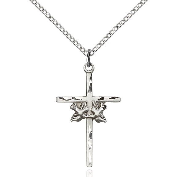Sterling Silver Doves / Cross Pendant 1 x 5/8 inches with Sterling Silver Lite Curb Chain