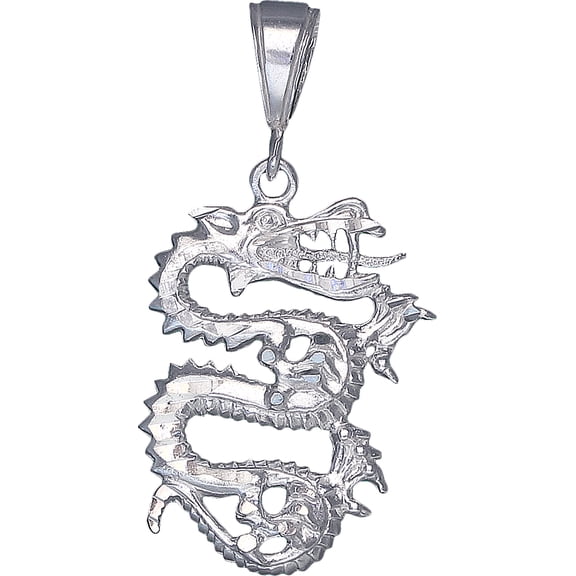 Sterling Silver Dragon Charm Pendant Necklace with Diamond Cut Finish and 24 Inch Figaro Chain